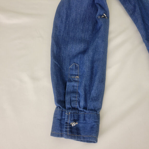 Cotton Express Shirt Womens Large Petite‎ Blue Top Chambray Roll Tab Button Up - Picture 6 of 15